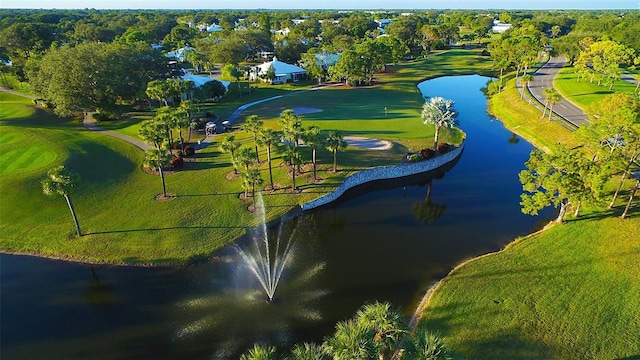 aerial view featuring a water view and view of golf course