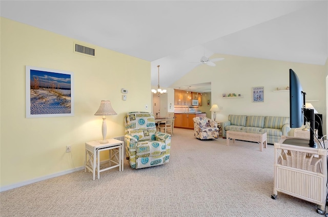 living area with lofted ceiling, visible vents, carpet flooring, baseboards, and ceiling fan with notable chandelier