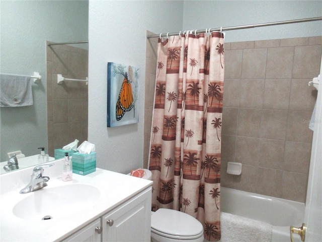 full bathroom with toilet, large vanity, and shower / tub combo with curtain