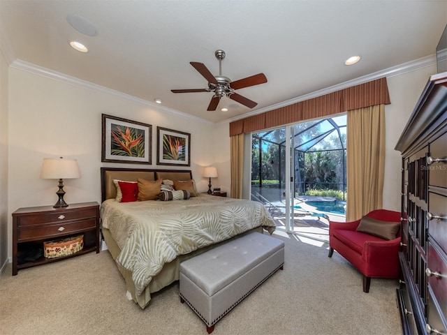 bedroom featuring ornamental molding, access to outside, ceiling fan, and light colored carpet