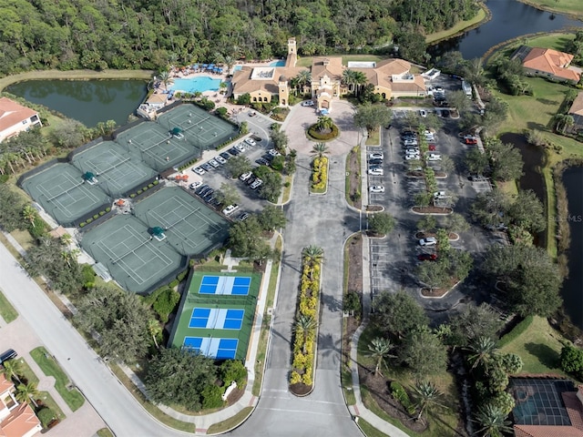 birds eye view of property featuring a water view