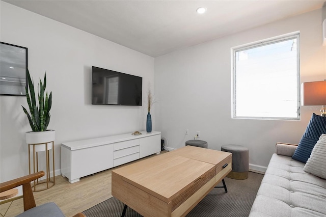 living room with plenty of natural light and light hardwood / wood-style flooring