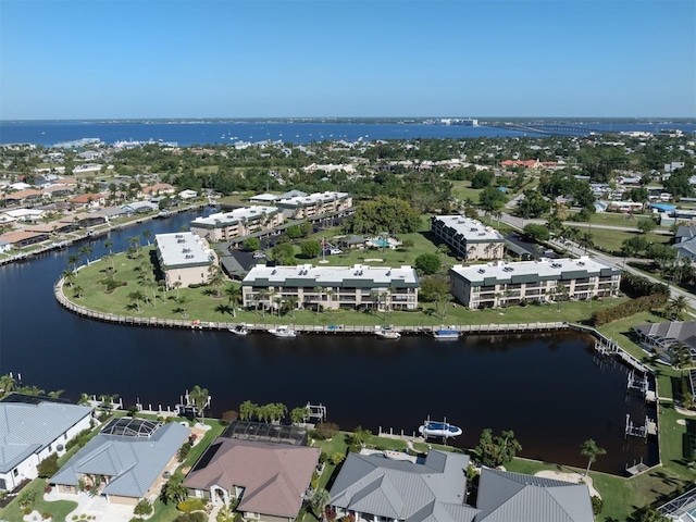 bird's eye view with a water view