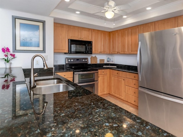 kitchen with a raised ceiling, sink, dark stone counters, and appliances with stainless steel finishes