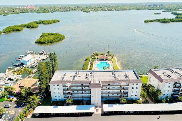 bird's eye view with a water view