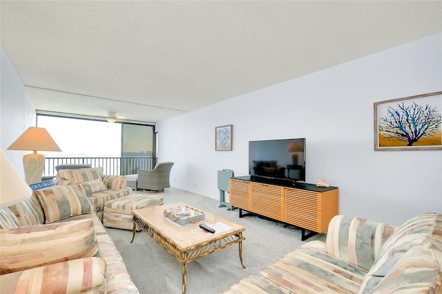 living room with light carpet and floor to ceiling windows