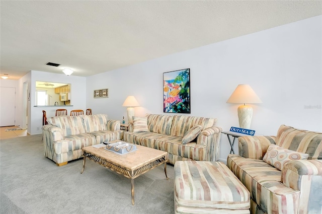 carpeted living room with a textured ceiling