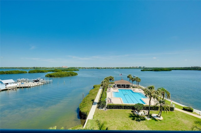 birds eye view of property featuring a water view