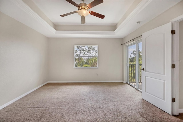 carpeted empty room with a raised ceiling, ceiling fan, and a wealth of natural light