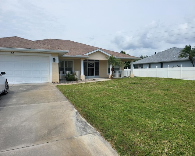 ranch-style home with a porch, a front yard, and a garage