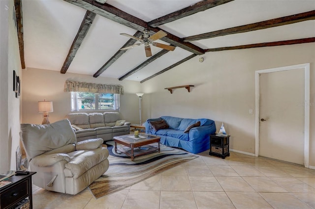 tiled living room featuring lofted ceiling with beams and ceiling fan