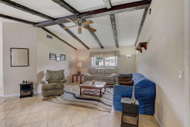 tiled living room with vaulted ceiling with beams and ceiling fan