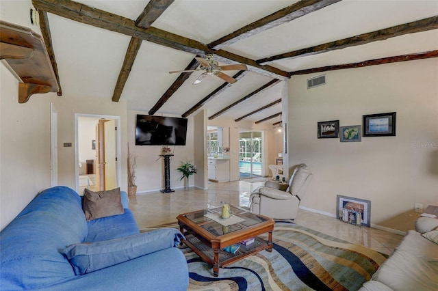 tiled living room with vaulted ceiling with beams and ceiling fan