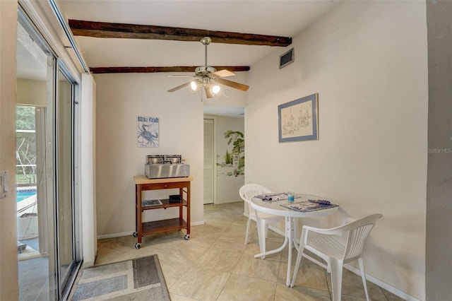 tiled dining room featuring lofted ceiling with beams and ceiling fan