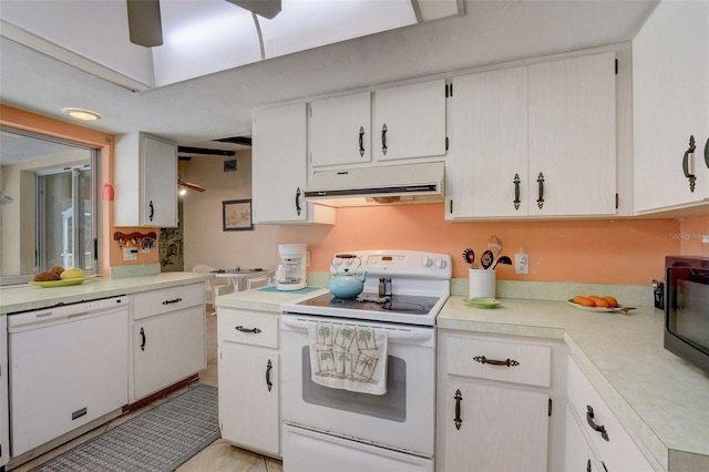 kitchen with ceiling fan, white cabinets, and white appliances