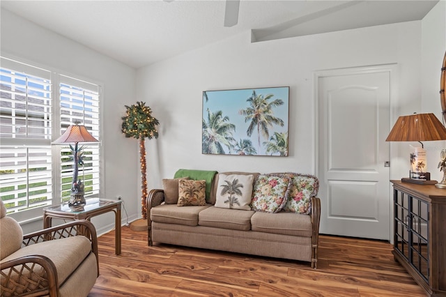 living room with dark hardwood / wood-style flooring, vaulted ceiling, and a wealth of natural light