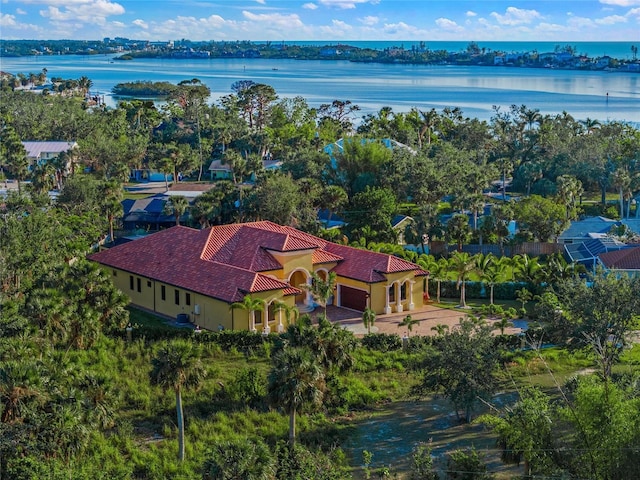 aerial view featuring a water view