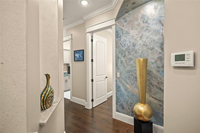 hall featuring dark hardwood / wood-style floors and ornamental molding