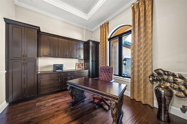 office space with dark hardwood / wood-style floors and ornamental molding