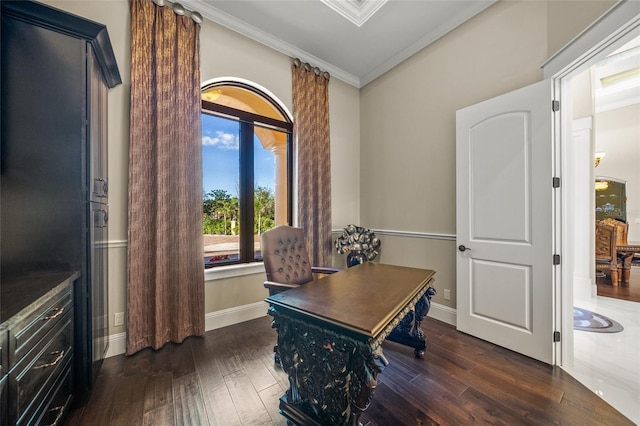 home office featuring dark wood-type flooring and ornamental molding