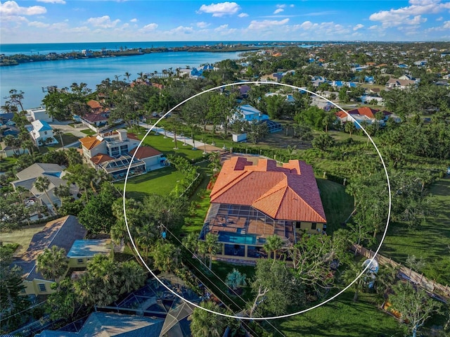 drone / aerial view with a water view