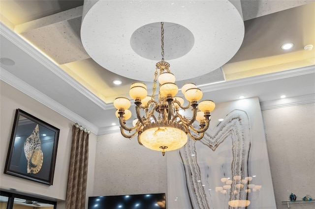 room details with an inviting chandelier and crown molding