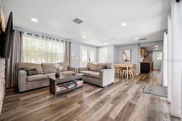 living room with hardwood / wood-style flooring, a wealth of natural light, and a textured ceiling