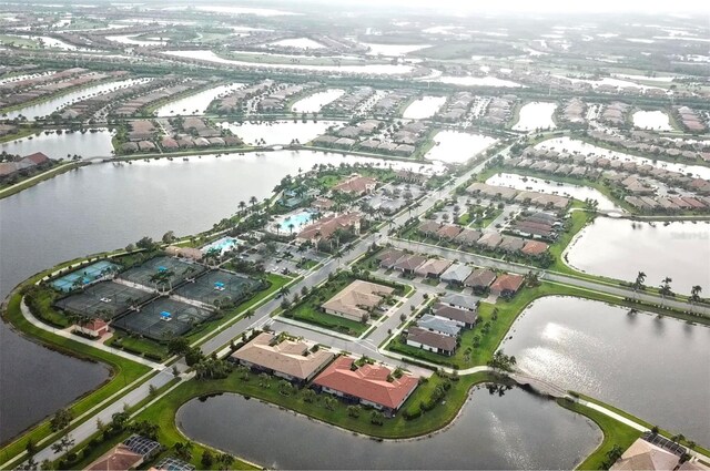 drone / aerial view with a water view