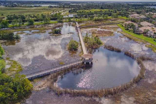 bird's eye view with a water view