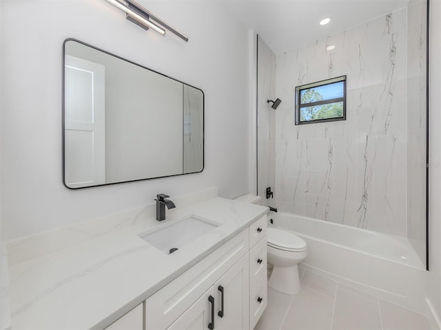 full bathroom featuring tiled shower / bath combo, toilet, tile flooring, and large vanity