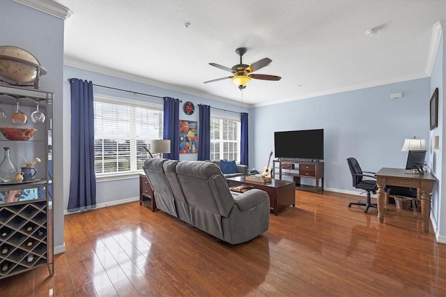 living room featuring crown molding, ceiling fan, and dark hardwood / wood-style flooring