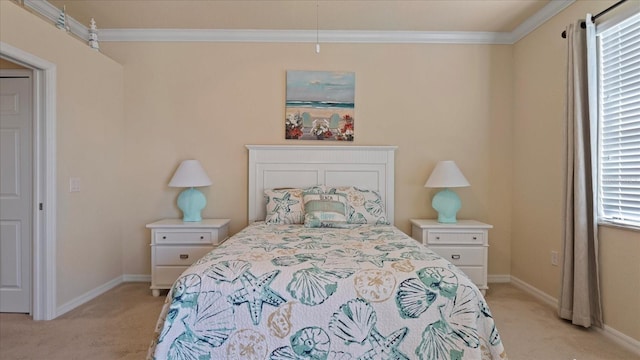 bedroom featuring crown molding and light colored carpet