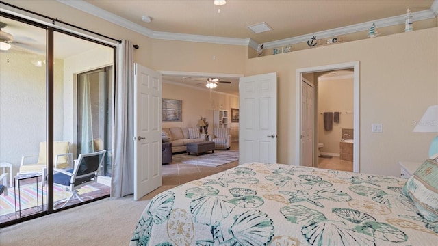 carpeted bedroom featuring connected bathroom, multiple windows, crown molding, and access to outside