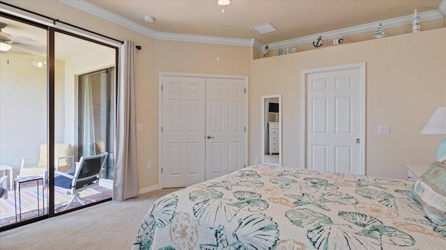 bedroom featuring a closet, multiple windows, light colored carpet, crown molding, and access to outside