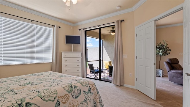 carpeted bedroom featuring ceiling fan, crown molding, and access to exterior