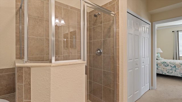 bathroom featuring a shower with shower door