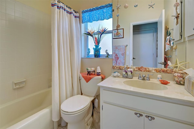 full bathroom with oversized vanity, shower / bath combo, and toilet