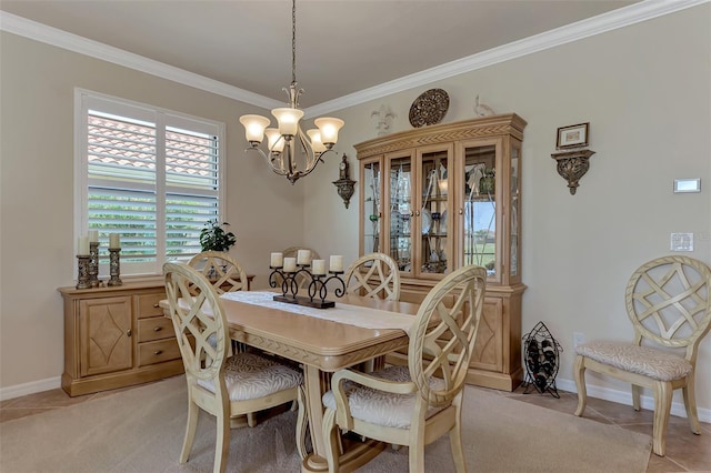 carpeted dining space with an inviting chandelier and ornamental molding