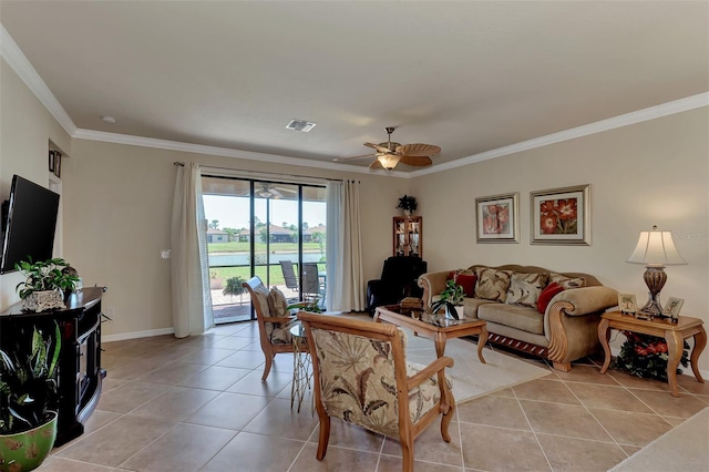 tiled living room featuring ornamental molding, ceiling fan, and a water view