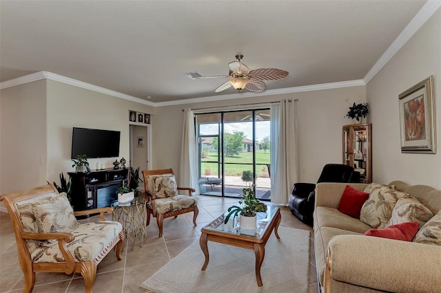 tiled living room featuring crown molding and ceiling fan