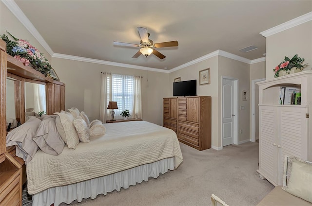 bedroom with light colored carpet, ceiling fan, and ornamental molding