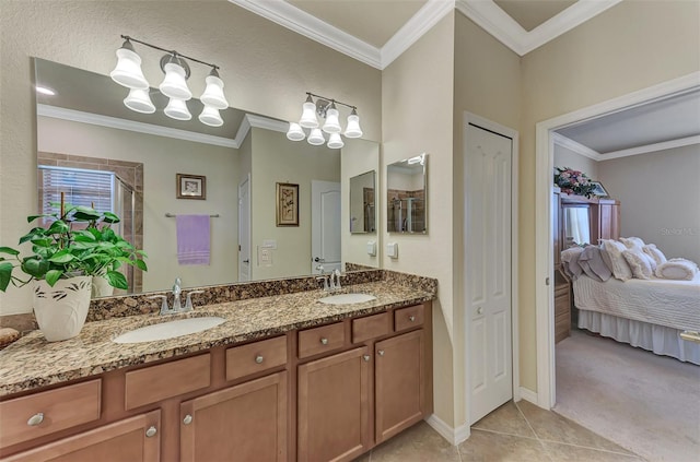 bathroom with ornamental molding, double sink, a chandelier, and large vanity