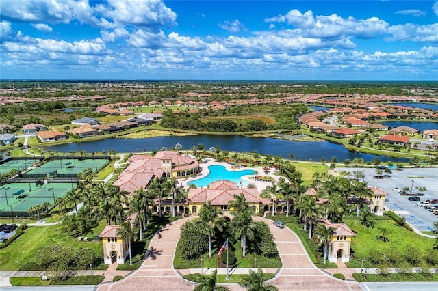 drone / aerial view with a water view