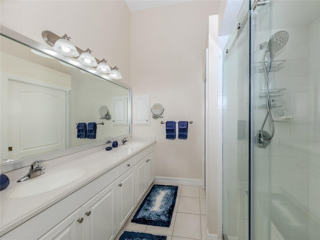 bathroom featuring walk in shower, vanity, and tile patterned flooring