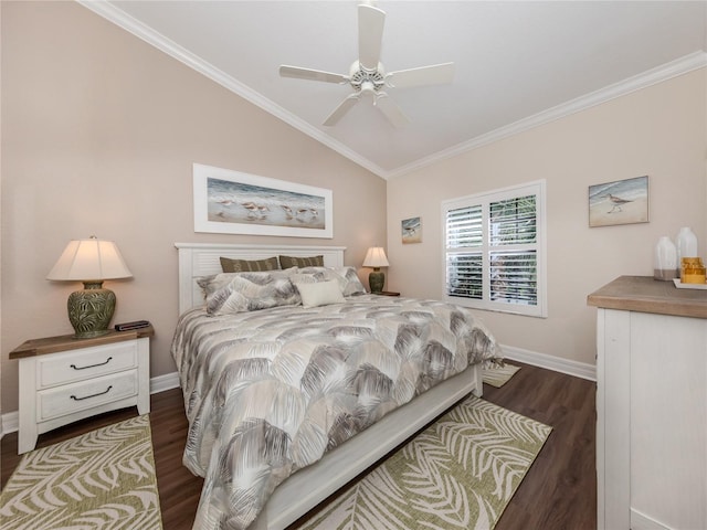 bedroom with ceiling fan, ornamental molding, lofted ceiling, and dark hardwood / wood-style floors