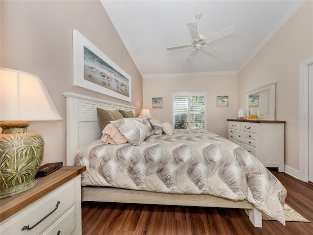 bedroom featuring dark wood-type flooring, ceiling fan, vaulted ceiling, and crown molding