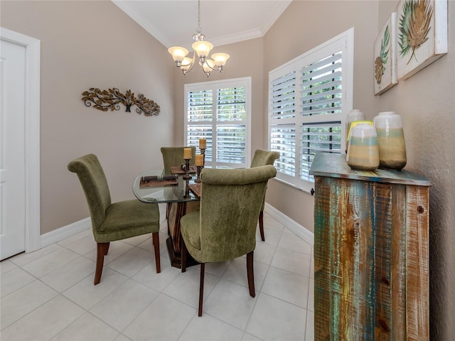 dining room featuring light tile patterned flooring, crown molding, and a chandelier