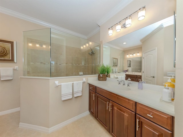 bathroom featuring a shower, vanity, tile floors, and ornamental molding