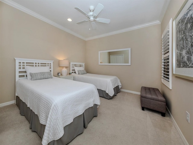 bedroom with ceiling fan, light carpet, and ornamental molding