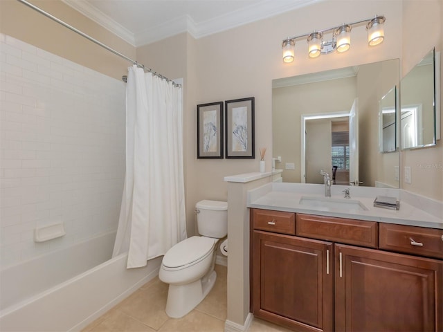 full bathroom featuring shower / tub combo, toilet, vanity, tile floors, and ornamental molding